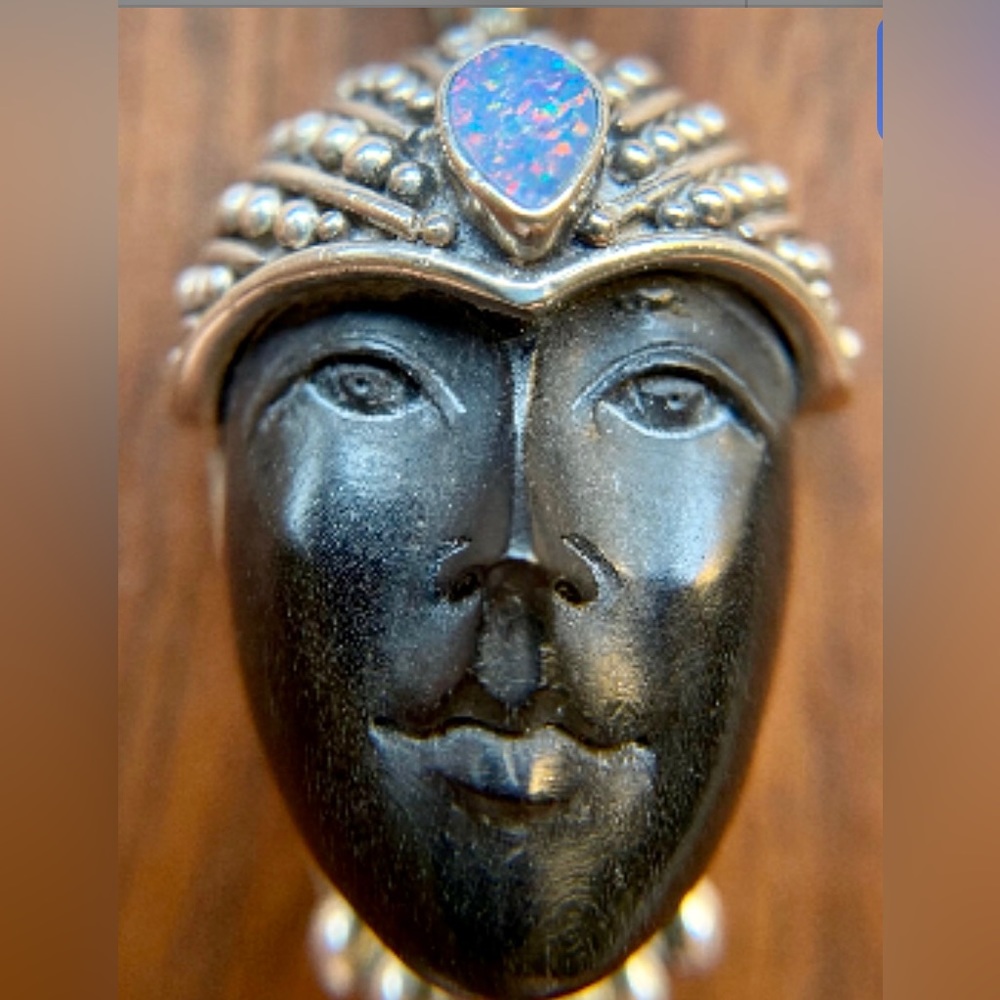 SAJEN Sterling Silver Carved Goddess Pendant with two beautiful opals!
